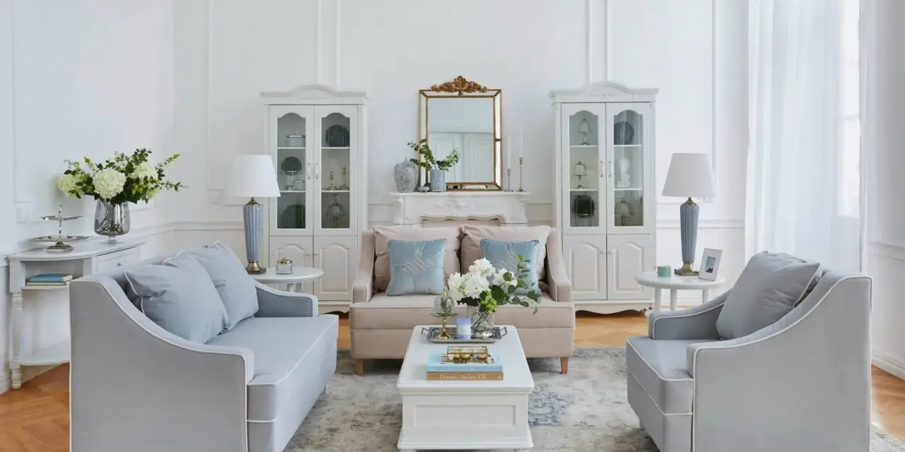 Salotto luminoso in stile shabby chic contemporaneo, con divani grigi, mobili bianchi e dettagli dorati.