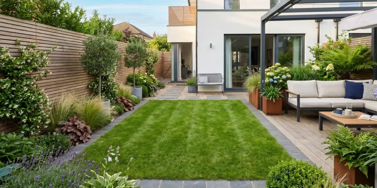 Giardino moderno con prato verde, arredi da esterno e piante rigogliose. Ottime idee giardino per creare un'oasi di relax.
