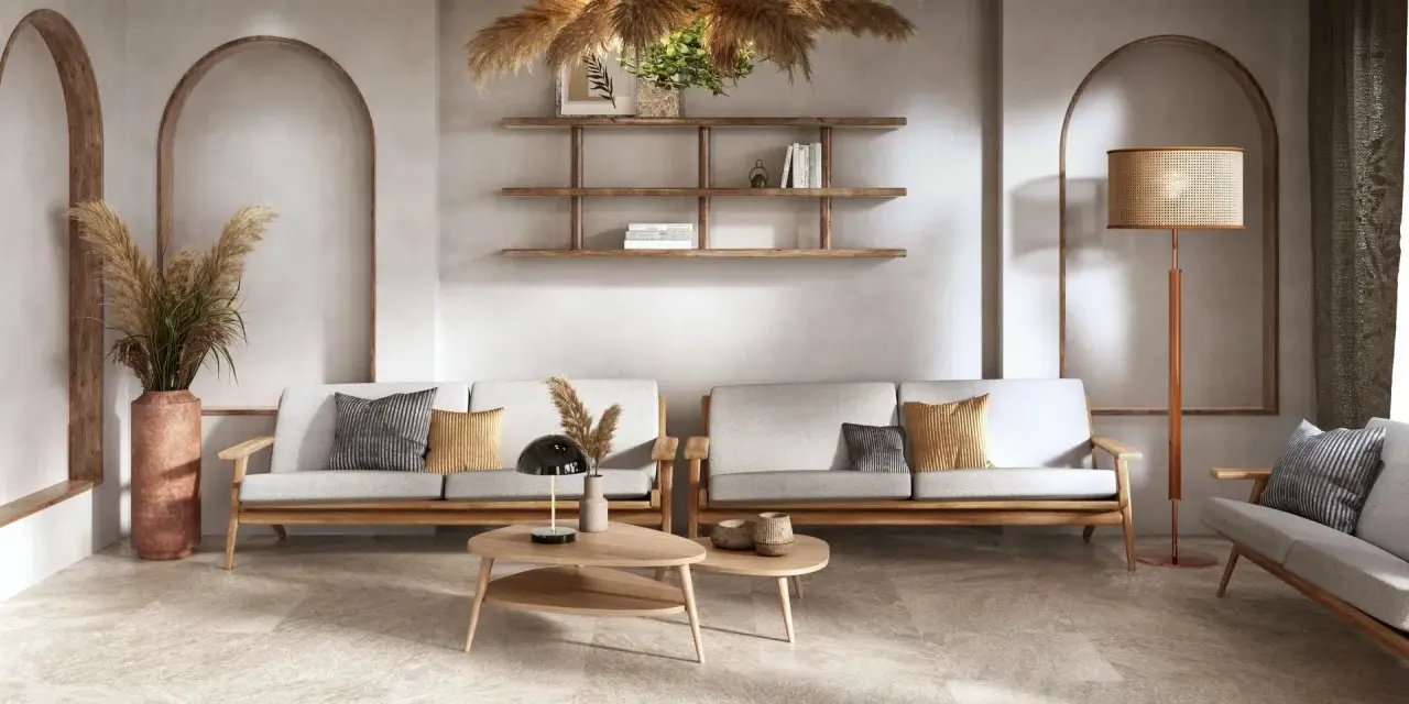 Soggiorno con divani in legno e tessuto, tavolini in legno, piante di pampas e lampada in rattan. Stili di arredamento contemporaneo con archi in nicchia.