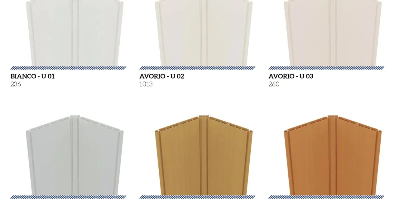 Sei pannelli di porta a soffietto in diverse colorazioni: bianco, avorio, grigio, frassino e ciliegio.