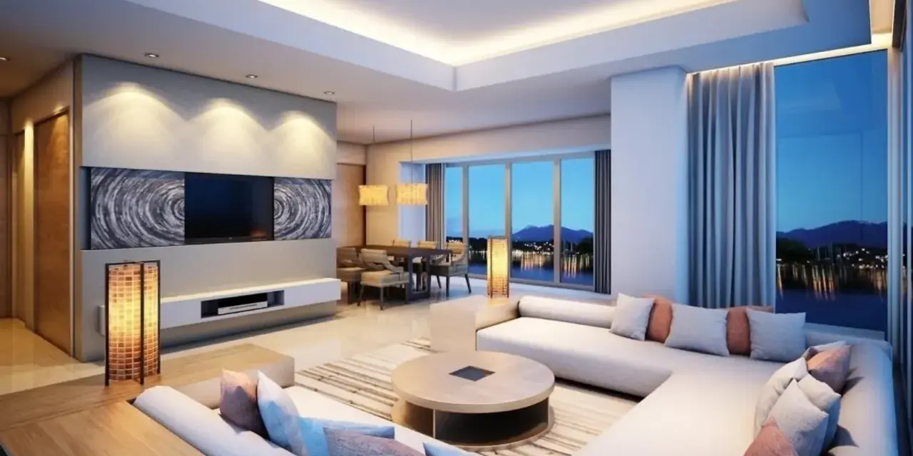 Luminoso soggiorno con divano angolare, tavolo da pranzo e splendida vista panoramica. Le **idee controsoffitto** con illuminazione integrata creano un'atmosfera accogliente.