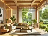 Soggiorno luminoso con divano angolare, tavolino in legno e vista su un giardino rigoglioso. L'arredamento feng shui crea un'atmosfera serena e armoniosa.