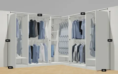 Disposizione interno armadio con camicie e abiti appesi. La divisione interna è ottimizzata per lo spazio.