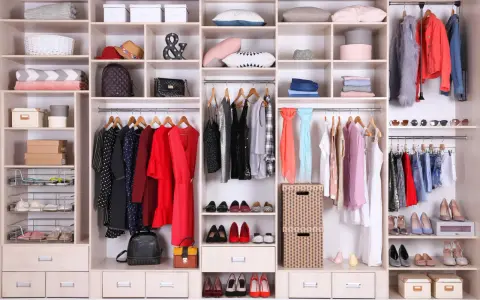 Un armadio ben organizzato con abiti, scarpe, borse e accessori.