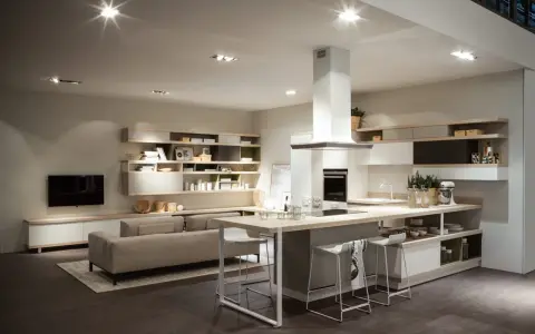 Interni di villette moderne con cucina a isola, divano e libreria a parete.