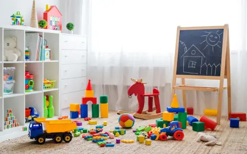 Un angolo pieno di giochi colorati, blocchi, un camioncino, un cavallo a dondolo e una lavagna: perfette idee stanza giochi bambini per stimolare la creatività.
