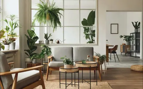 Salotto con divano grigio, poltrone in legno e tante piante. Un angolo che evoca uno stile jungle chic, con un'atmosfera rilassante e naturale.
