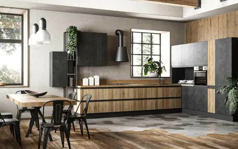 Cucina moderna con un accogliente stile industriale casa. Legno, metallo e cemento si fondono in un ambiente di design.