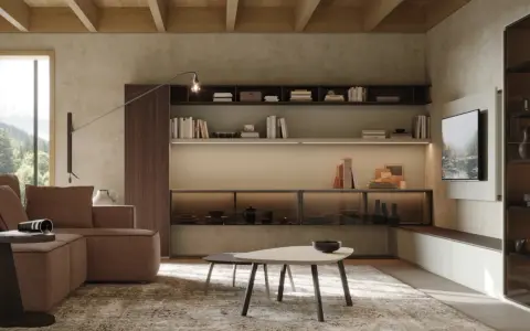 Soggiorno con divano marrone, tavolini da caffè, libreria a parete con TV e un'atmosfera di **arredamento moderno contemporaneo**.