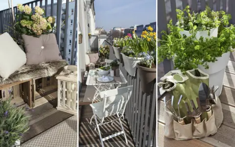 Idee per arredare balcone piccolo e stretto: un angolo relax con cuscini e pelliccia, un tavolino da esterno con fiori primaverili e un pratico set da giardinaggio.