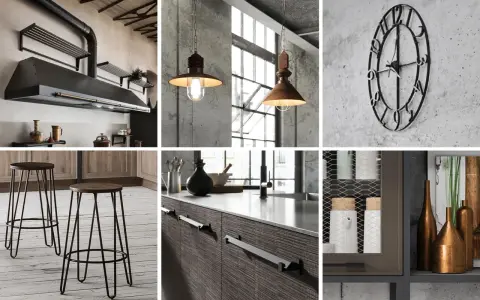 Arredamento industrial: cappa in metallo, lampade a sospensione, orologio da parete, sgabelli e dettagli di cucina.