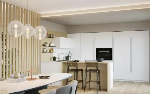 Un elegante open space moderno con cucina bianca minimalista, isola con sgabelli trasparenti e un tavolo da pranzo in marmo.