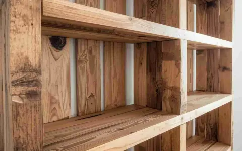 Libreria fai da te in legno grezzo, con ripiani e divisori realizzati con pallet riciclati.
