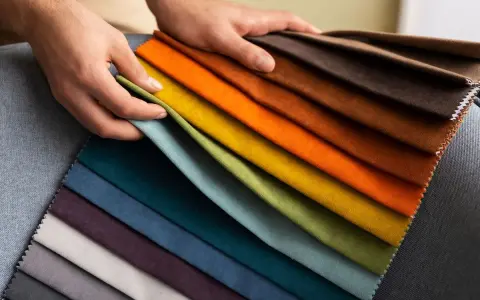 Mani che sfogliano campioni di tessuti per divani: una gamma di colori vibranti dal blu al marrone, passando per verdi, gialli e arancioni.
