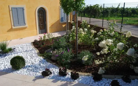 Giardini idee da copiare: un angolo con ghiaia bianca, arbusti verdi e ortensie bianche.