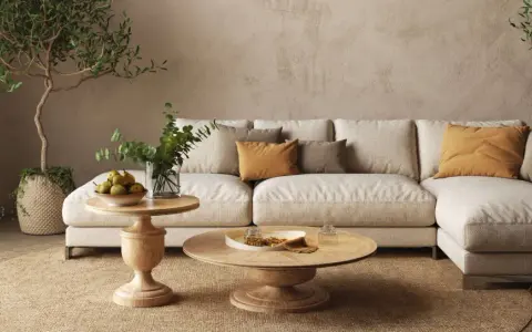 Un accogliente soggiorno con un divano componibile color crema, tavolini in legno e piante. L'arredamento stile contemporaneo crea un'atmosfera rilassante.