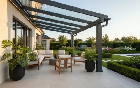 Moderne idee portico entrata casa esterno: un'oasi di relax con divani, poltrone e piante sotto una tettoia in vetro.