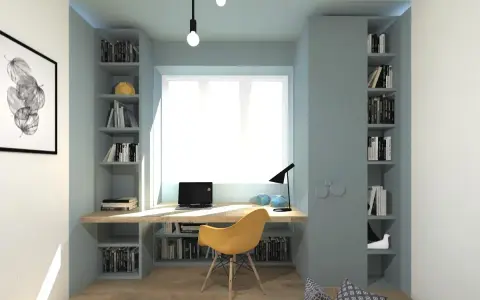 Accogliente stanza studio con una lunga scrivania, sedia gialla e una libreria a muro piena di libri.