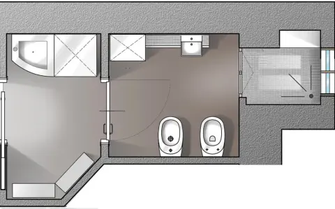 Pianta di un bagno con doccia, lavabo, due WC e un bidet, che illustra le misure minime antibagno.