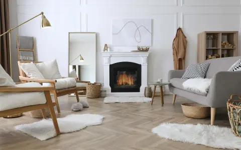 Un soggiorno accogliente con camino acceso, poltrone in legno, divano grigio e tappeti soffici. Perfetto per una casa cozy.