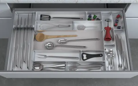 Organizzare la cucina: come fare divisori per cassetti fai da te. Utensili, coltelli e posate ordinati in un cassetto.