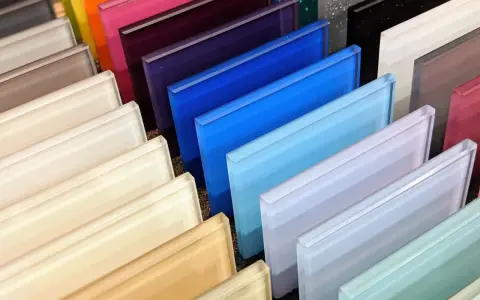 Campione di lastre di vetro colorato, pronte per colorare vetro e creare effetti luminosi.