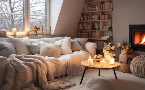 Un accogliente salotto con camino acceso, divano bianco e coperte morbide. Un'atmosfera da **casa aesthetic** perfetta per rilassarsi.