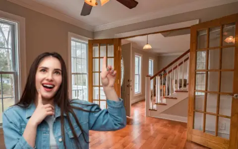 Donna entusiasta indica le porte interne con vetro, pensando a come rinnovare la casa con stile.