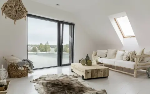 Salotto con divano bianco, tavolino grezzo e tappeto in pelle. Lampadario in perline e cesto in vimini completano l'arredamento boho chic.
