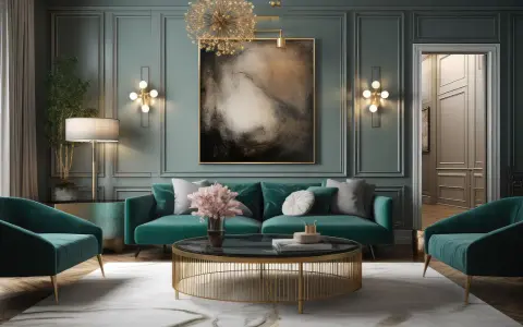 Elegante soggiorno con divano verde smeraldo, poltrone, tavolino dorato e un quadro astratto. L'arredamento vintage casa crea un'atmosfera sofisticata.