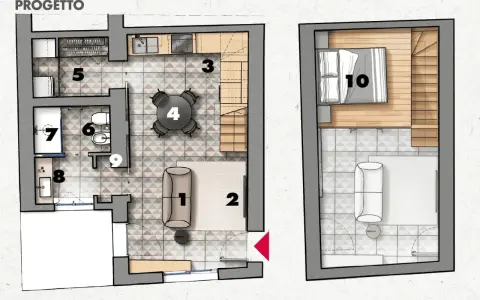 Pianta di un monolocale di 20 mq: zona giorno con divano (1) e tappeto (2), cucina (3), tavolo da pranzo (4), bagno (6, 7, 9), camera da letto soppalcata (10).