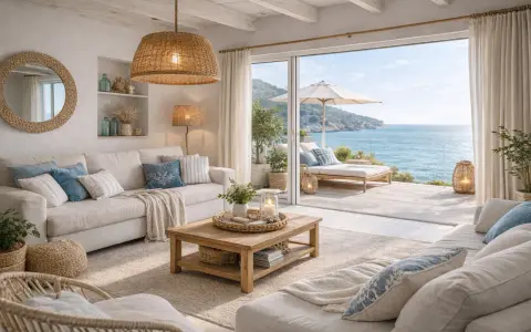 Accogliente salotto casa al mare con divani chiari, tavolino in legno e vista panoramica sull'oceano.