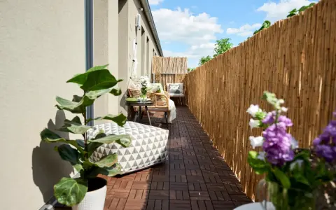 Terrazzo accogliente con mobili in rattan, cuscini decorativi e piante. Le decorazioni terrazzo creano un'oasi di relax.