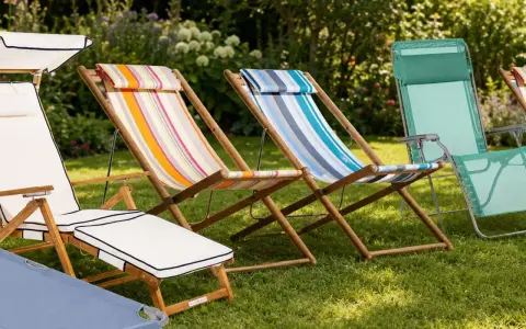 Diversi sdraio da giardino lettino colorati e bianchi, disposti sull'erba verde, pronti per il relax estivo.