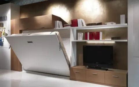Soluzione salvaspazio per come arredare una casa piccola: letto a scomparsa integrato con libreria e mobile TV.