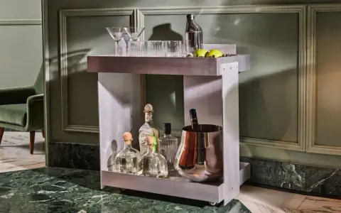 Carrello bar moderno con bottiglie di tequila, bicchieri e secchiello per il ghiaccio. Un'ottima idea per un angolo bar casa elegante.
