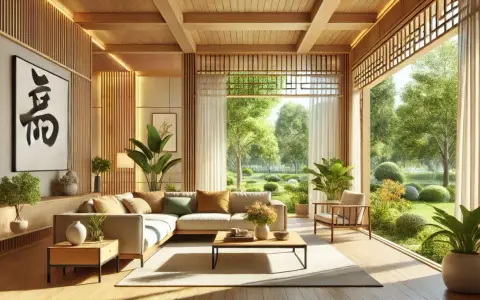 Soggiorno luminoso con divano angolare, tavolino in legno e vista su un giardino rigoglioso. L'arredamento feng shui crea un'atmosfera serena e armoniosa.