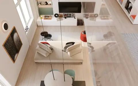 Arredamento soggiorno moderno con divano bianco, tavolino nero, quadro cactus e giradischi.