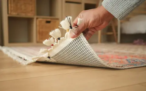 Mano che solleva un tappeto per mostrare il suo retro antiscivolo, perfetto per progetti fai da te e per evitare che scivoli.