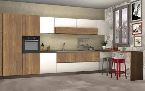Cucina 10 mq rettangolare con mobili in legno e bianchi, piano di lavoro in pietra, sgabelli rossi e grigi, e una finestra con vista sulla città.