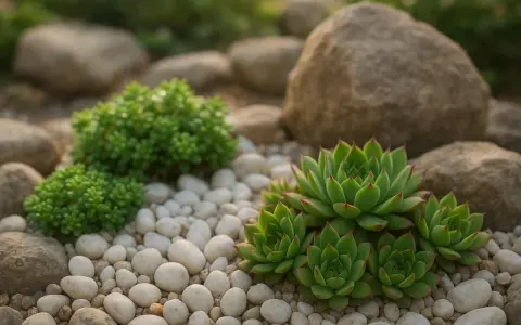 Aiuola piante grasse con rocce e ciottoli bianchi. Le succulente verdi spiccano tra i sassi.