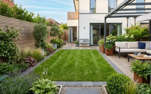 Un giardino moderno per una villetta, con prato verde, arredi esterni e piante rigogliose. Un progetto giardino villetta ben riuscito.