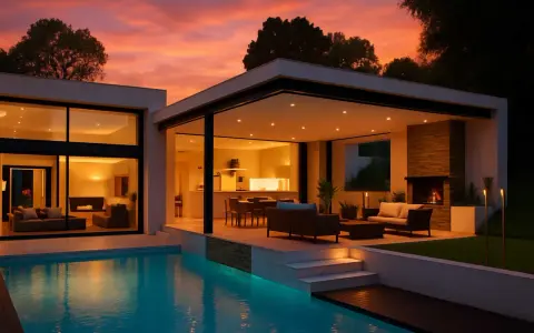 Un tramonto infuocato illumina queste case bellissime con piscina, camino e arredi esterni.