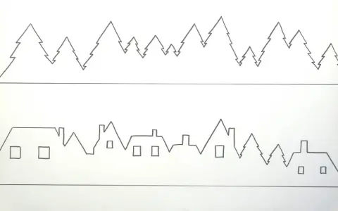 Disegni stilizzati di alberi di Natale e case con finestre quadrate, evocano un'atmosfera natalizia.
