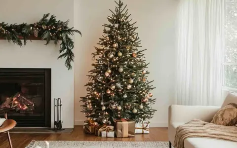 Un albero di Natale come addobbarlo: luci calde, palline dorate e regali sotto. Un camino acceso e una ghirlanda completano l'atmosfera festiva.
