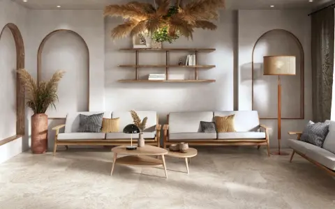 Soggiorno con divani in legno e tessuto, tavolini in legno, piante di pampas e lampada in rattan. Stili di arredamento contemporaneo con archi in nicchia.
