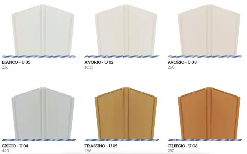 Sei pannelli di porta a soffietto in diverse colorazioni: bianco, avorio, grigio, frassino e ciliegio.