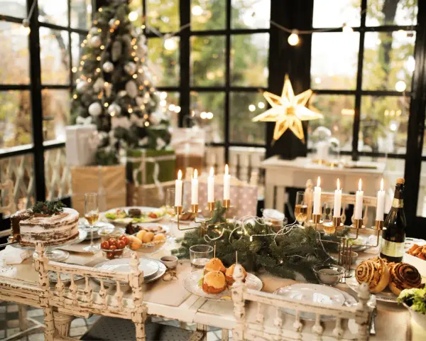 Un tavolo imbandito per Natale, con torta, arrosti e candele. Un modo perfetto per come addobbare la cucina per Natale, con un albero illuminato sullo sfondo.