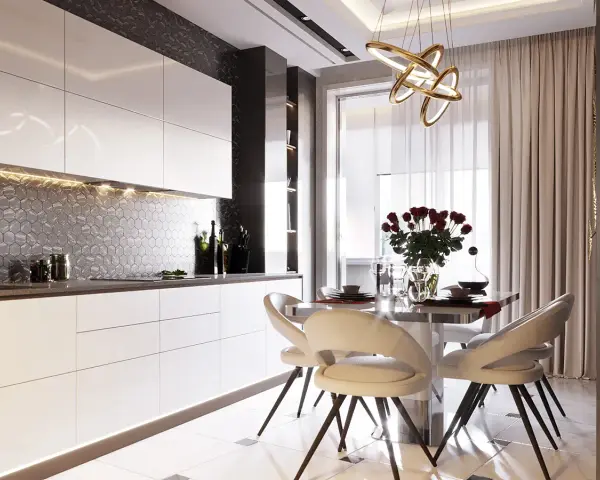 Cucina moderna con ante lucide bianche, un elegante paraschizzi a nido d'ape e un tavolo da pranzo con sedie imbottite, il tutto in uno stile contemporaneo chic.