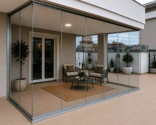 Terrazza moderna con vetrate Vepa scorrevoli, arredata con due poltrone, tavolino e tappeto. Piante in vaso e vista sui tetti.